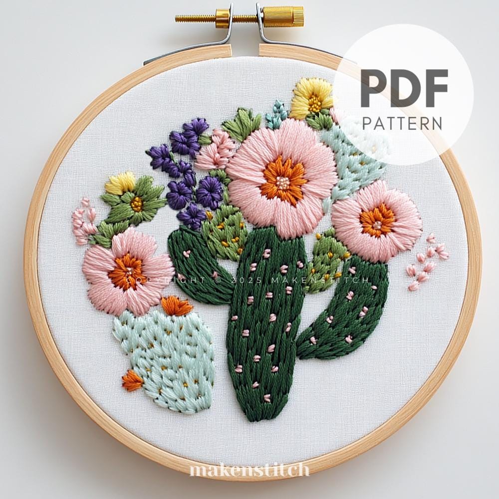 Blooming Cactus Hand Embroidery Pattern PDF, Desert Embroidery