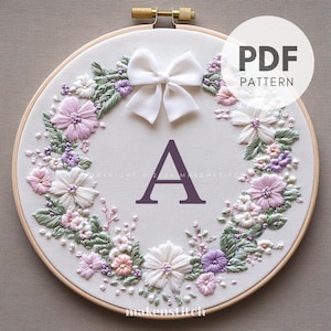 Patrón de bordado de letra A floral en PDF, monograma floral bordado a mano, patrón de bordado de inicial de boda, diseño de letra personalizado