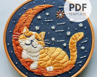 Tabby Cat Embroidery Pattern: Pet Portrait Under Stars (PDF Pattern)