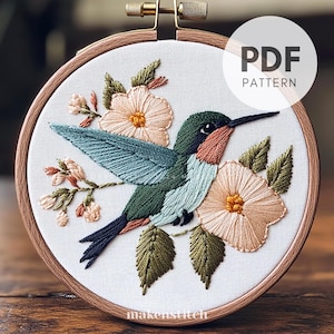 Floral Hummingbird Hand Embroidery Pattern, Hummingbird Pattern, Floral Bird Embroidery Pattern, Bird Embroidery, Embroidery Pattern PDF