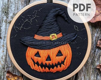 Witch Hat Pumpkin Embroidery Pattern PDF, Halloween Jack-o'-Lantern Hand Embroidery Design, DIY Spooky Halloween Decor, Fall Gift