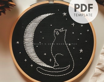 Minimalist Celestial Cat Stickmuster: Mond & Sterne (Digitaler Download)