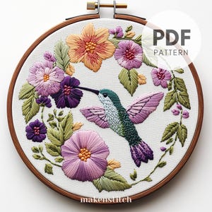 Purple Hummingbird Hand Embroidery Pattern, Hummingbird Pattern, Bird Embroidery Pattern, Wildlife Embroidery, Hand Embroidery Pattern PDF