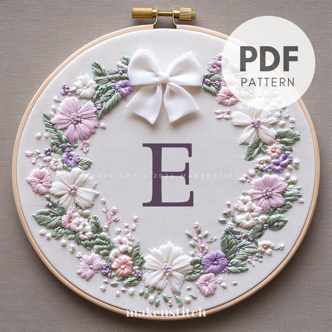 Floral Letter E Embroidery Pattern PDF, Floral Monogram Hand Embroidery ...