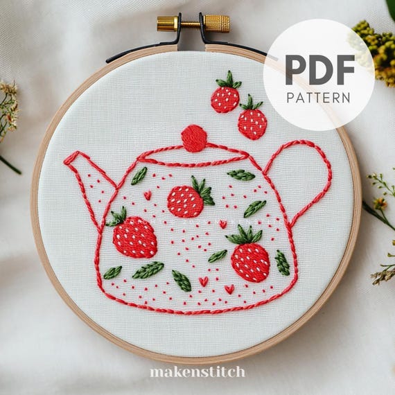 ビンテージ風 ティーポット刺繍アート ストロベリーティーポットの手刺繍パターンPDF、かわいいキッチン