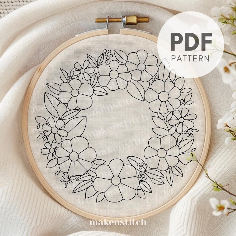 4th of July Floral Hand Embroidery Pattern PDF, Red White Blue Wreath ...