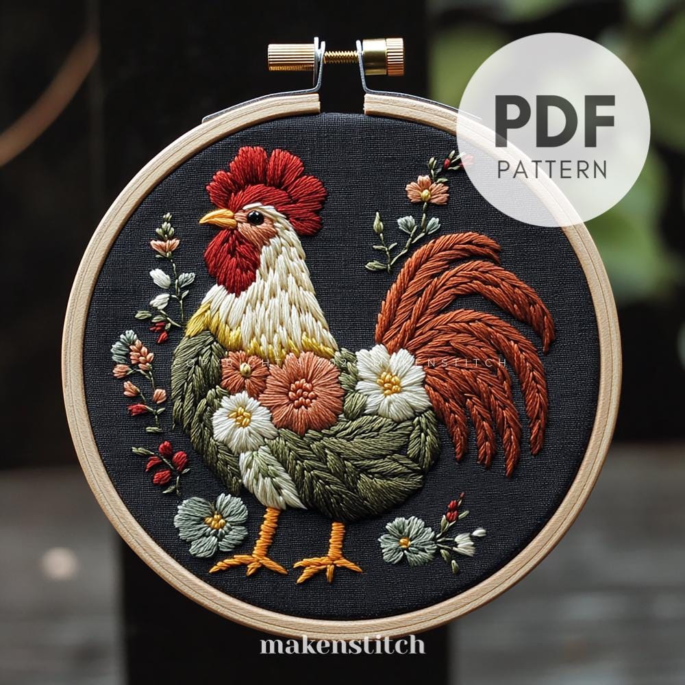 Floral Rooster Hand Embroidery Pattern: Folk Art Chicken (PDF Pattern ...