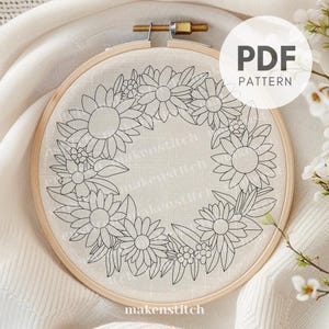 Sunflower Wreath Hand Embroidery Pattern: Daisies Flower Design (PDF ...