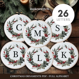 Patrón de bordado de monograma del alfabeto completo en PDF, adorno navideño con inicial personalizada, regalo de bordado a mano para principiantes