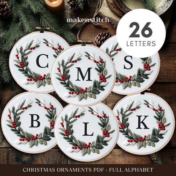 Full Alphabet Monogram Embroidery Pattern PDF, Personalized Initial Christmas Ornament, Beginner Hand Embroidery Gift