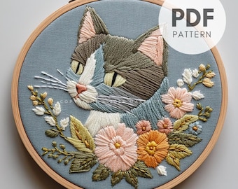 Cat and Flowers Hand Embroidery Pattern: Beginner Pet Portrait (PDF Pattern)