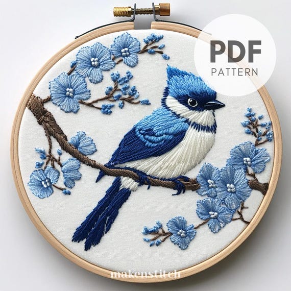 ブルージェイの刺繍パターン：春の鳥のデザイン（DIY PDF ダウンロード