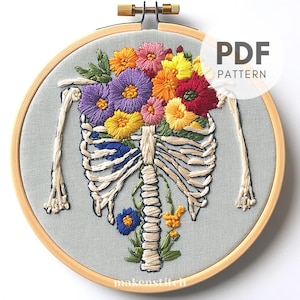 Floral Skeleton Embroidery Pattern PDF, Colorful Anatomical Ribcage with Flowers, Halloween Embroidery, DIY Hoop Art