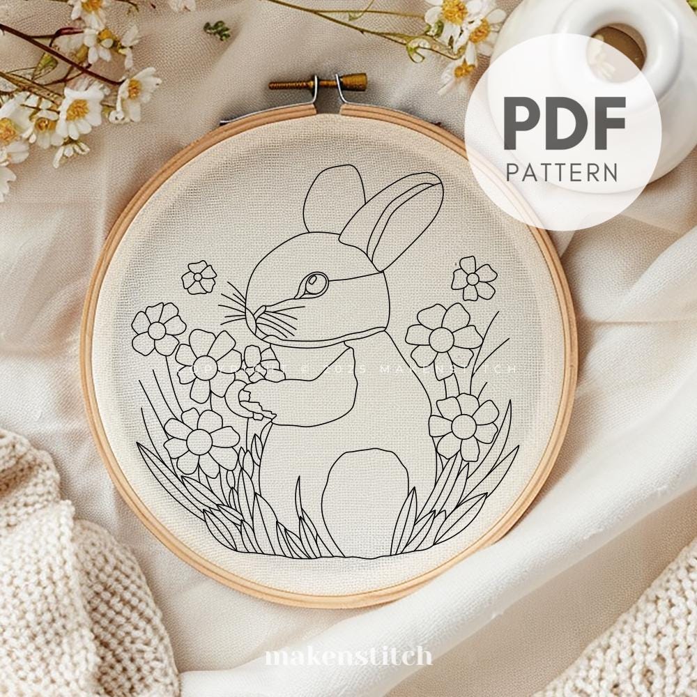 Easter Bunny Hand Embroidery Pattern: Spring Floral Design (digital ...