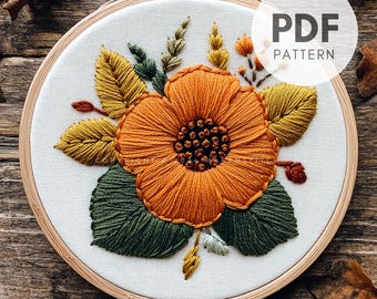 秋の花とハーブの刺繍パターン5インチ、植物デザイン、秋の野花の草原