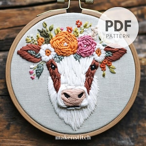 Floral Cow Hand Embroidery Pattern, Animal Embroidery Design, Farmhouse Decor, Nursery Decor, Hand Embroidery PDF