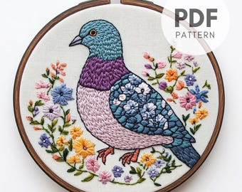 Handbroderimönster med blommig duva: Fågeldesign (PDF-mönster)
