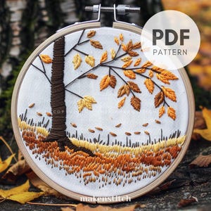Patrón de bordado a mano de árbol otoñal, diseño de bordado de árbol, bordado de árbol, patrón de bordado a mano, plantilla de bordado, descarga instantánea