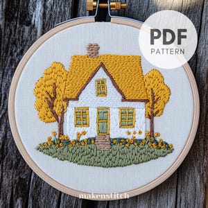 Simple Cottage Hand Embroidery Pattern, House Embroidery Pattern, Floral Embroidery Pattern, Autumn Embroidery, Hand Embroidery Pattern PDF