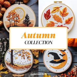 Könnte beinhalten: Vier Stickbilder in Stickrahmen mit Herbstmotiven. Die Rahmen zeigen eine Waldszene mit einem Mond, eine Sammlung von Herbstblättern, einen Baum mit fallenden Blättern und einen Hexenhut mit einer Mondsichel.