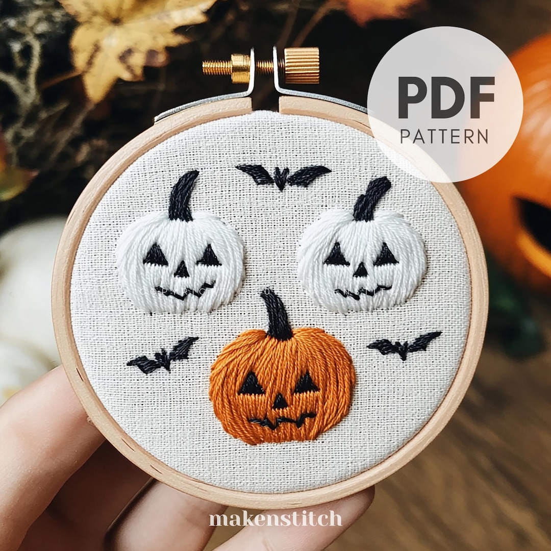 ハロウィンのカボチャの刺繍パターンPDF、不気味なジャック