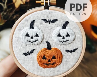 Halloween Pumpkins Embroidery Pattern PDF, Spooky Jack-o'-Lanterns Hand Embroidery Design, Digital Download Pattern, Fall Seasonal Gift
