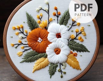 秋の花とハーブの刺繍パターン5インチ、植物デザイン、秋の野花の草原