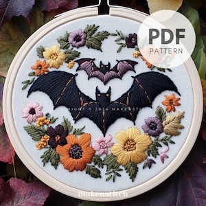 Floral Bats Hand Embroidery Pattern, Bats Embroidery Design, Halloween Embroidery Pattern, Gothic Embroidery, Hand Embroidery PDF