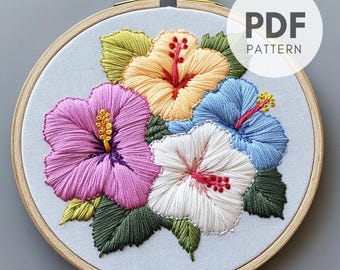 ハイビスカスの刺繍パターン、手刺繍チュートリアル、トロピカルアート