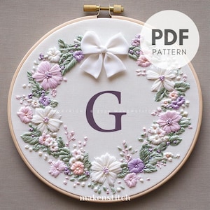 Patrón de bordado de letra G floral en PDF, diseño de bordado a mano con monograma de flores, bordado inicial, regalo de boda personalizado, decoración de guardería