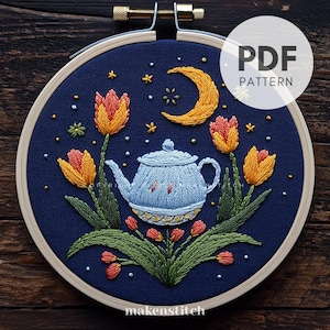 Teapot & Tulips Embroidery Pattern: Celestial Garden DIY (PDF Pattern)