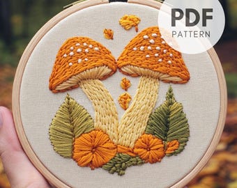 Autumn Mushroom Hand Embroidery Pattern: Cottagecore Woodland Design (PDF)