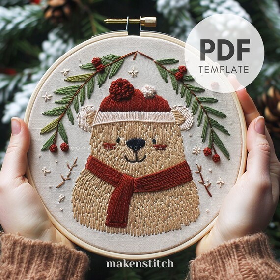 Christmas Bear Hand Embroidery Pattern: Holiday Decor (PDF Pattern)
