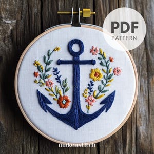 Floral Anchor Hand Embroidery Pattern PDF, Nautical Embroidery Design, Fisherman Aesthetic Embroidery, Coastal Decor, Gift for Sea Lovers