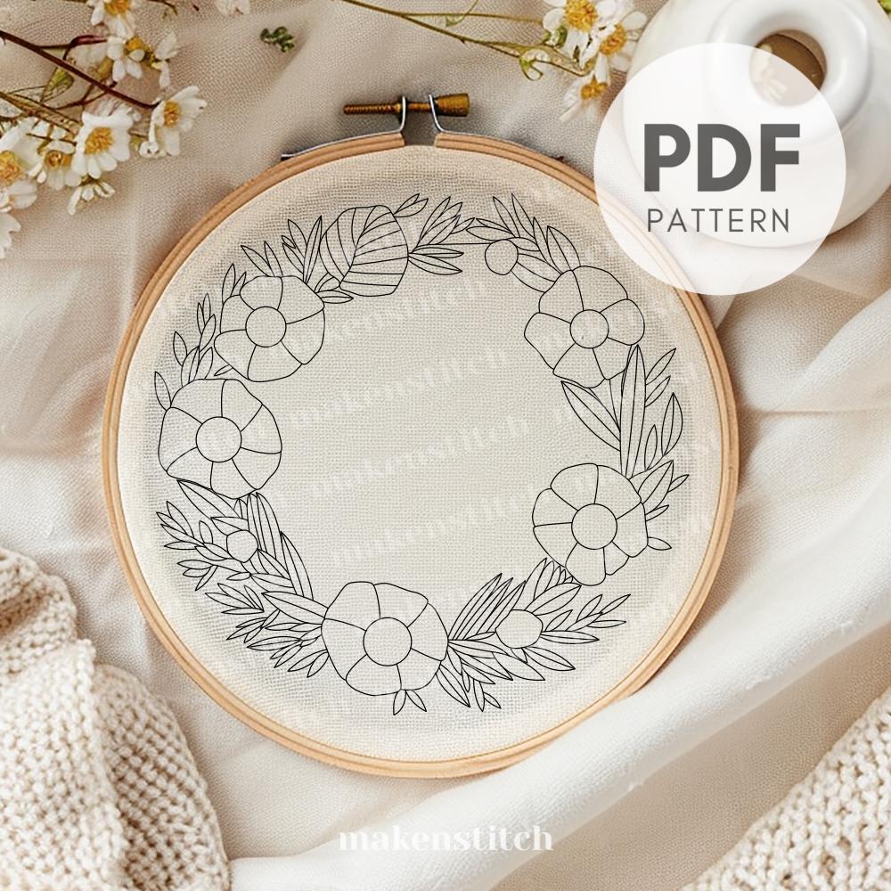 Poppy Wreath Hand Embroidery Pattern: Floral Design (PDF Pattern) - Etsy