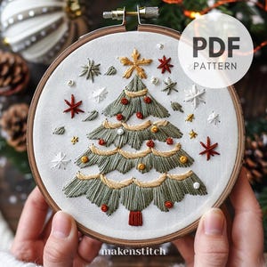 Snowy Christmas Tree Embroidery Pattern, Christmas Embroidery Design, DIY Christmas Tree Ornament, Tree Design, Hand Embroidery PDF