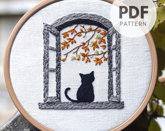 Autumn Cat Embroidery Pattern: Fall Window Scene (PDF Download for Beginners)