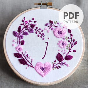 Diseño de bordado de la letra J para San Valentín, bordado de letras personalizado, monograma hecho a mano, regalo para San Valentín, patrón de bordado para boda