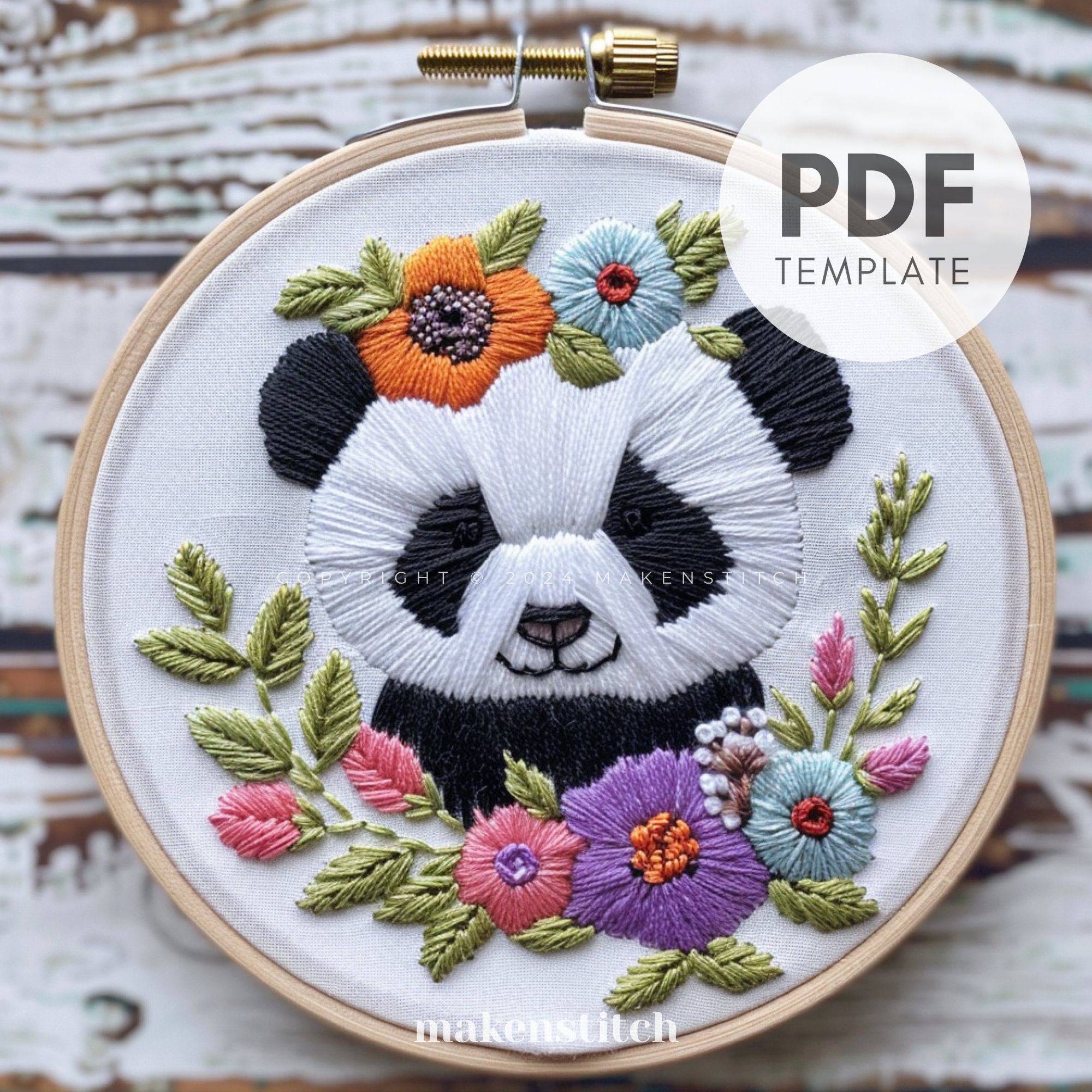 Panda Floral Hand Embroidery Pattern: Beginner Animal Design (PDF