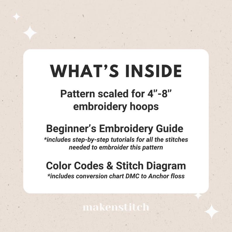 以下が含まれることがあります： 「WHAT'S INSIDE」というテキストと、刺繍パターンの内容をリストアップしたグラフィック。パターンは4〜8インチの刺繍枠に合わせてスケールされており、初心者向けの刺繍ガイド、すべてのステッチのステップバイステップチュートリアル、カラーコード、ステッチダイアグラムが含まれています。グラフィックには、DMCからAnchorフロスの変換チャートも含まれています。