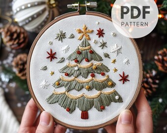 雪の降るクリスマスツリーの刺繍パターン：DIYホリデーオーナメント