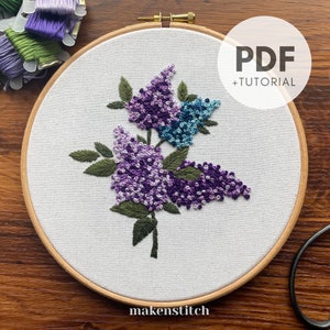 Lilac Hand Embroidery Pattern + Video Tutorial, Floral Hand Embroidery Pattern, Beginner Hand Embroidery, Hand Embroidery PDF
