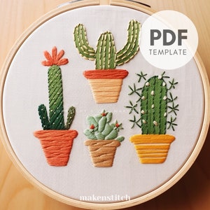 Schema di ricamo a mano di piante da appartamento, disegno di piante da appartamento, schema di ricamo a mano di cactus, ricamo a mano di cactus, schema di ricamo PDF