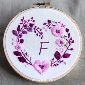 Diseño de bordado de la letra F para San Valentín, bordado de letras personalizado, regalo hecho a mano con monograma, día de San Valentín, patrón de bordado para bodas