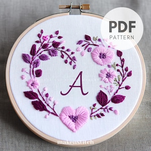 Diseño de bordado de letra A para San Valentín, bordado de letras personalizado, regalo hecho a mano con monograma, día de San Valentín, patrón de bordado para bodas