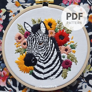 Floral Zebra Hand Embroidery Pattern, Jungle Animal, Hand Embroidery PDF, Animal Design, Digital Download