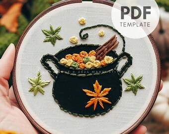 Schema per ricamo a mano del calderone della strega, schema per il calderone, schema per ricamo a mano di Halloween, ricamo di Halloween, schema per ricamo in PDF