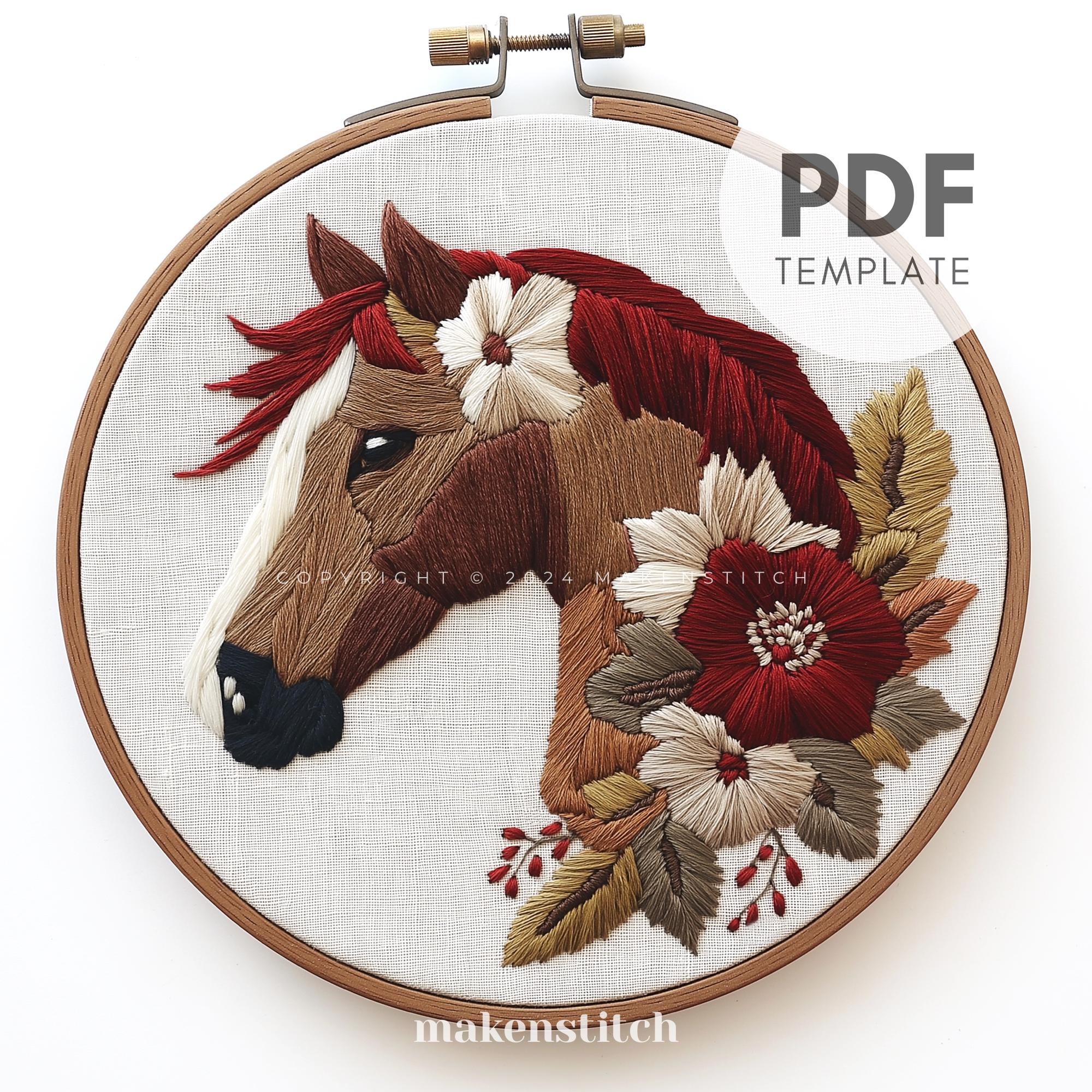 馬の刺繍パターン：花柄ファームハウス装飾（PDFパターン） - Etsy 日本