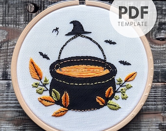 Schema per ricamo a mano del calderone della strega: decorazione di Halloween (schema PDF)