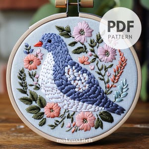 Floral Pigeon Hand Embroidery Pattern, Floral Bird Design, Blue Bird Hand Embroidery Pattern, Garden Bird, Hand Embroidery PDF